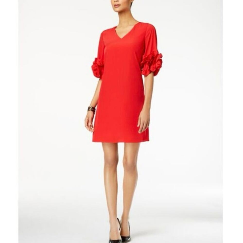 NWT bright Chinese red Alfani Ruffle Sleeve A Line V neck Dress women’s size 10